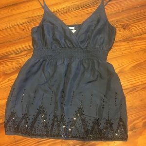 Silk navy blue and sequin embroidered tank top